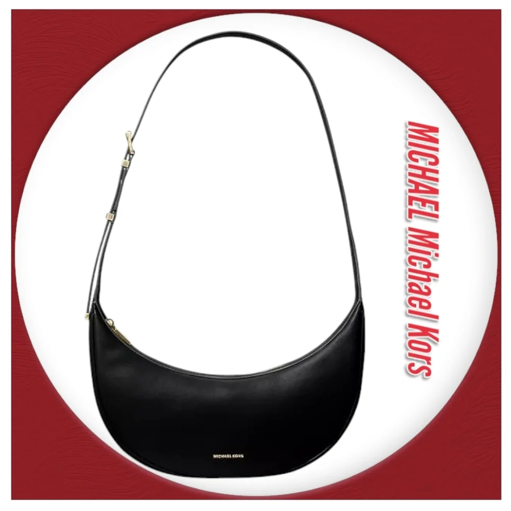 Michael Kors Avra Medium Black Leather Crescent Crossbody Shoulder  Bag